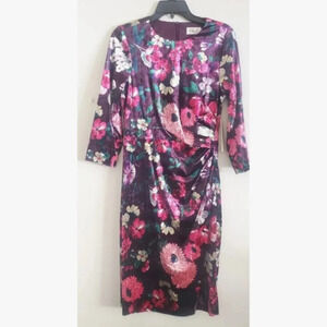 Eliza J Dress Women 10 Purple Multicolor Velour Floral Sheath Ruched Wai…